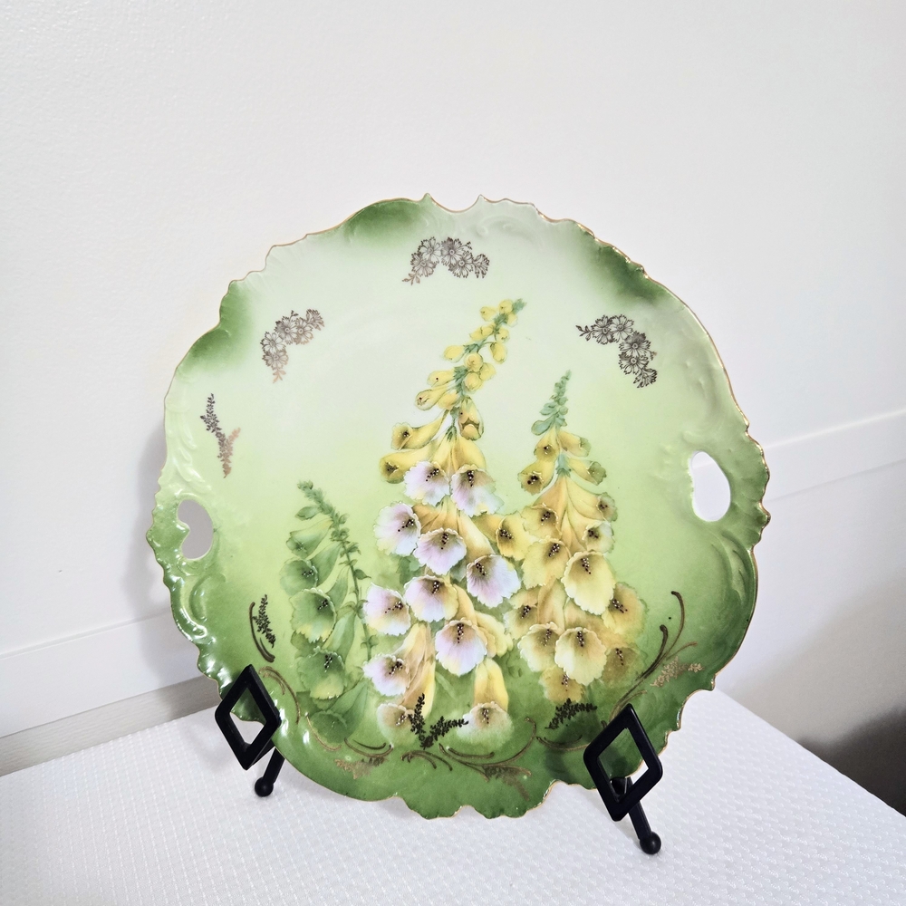P.T. Germany Fox Glove Plate Open Handles Floral Gold Trim Wall Table 1930